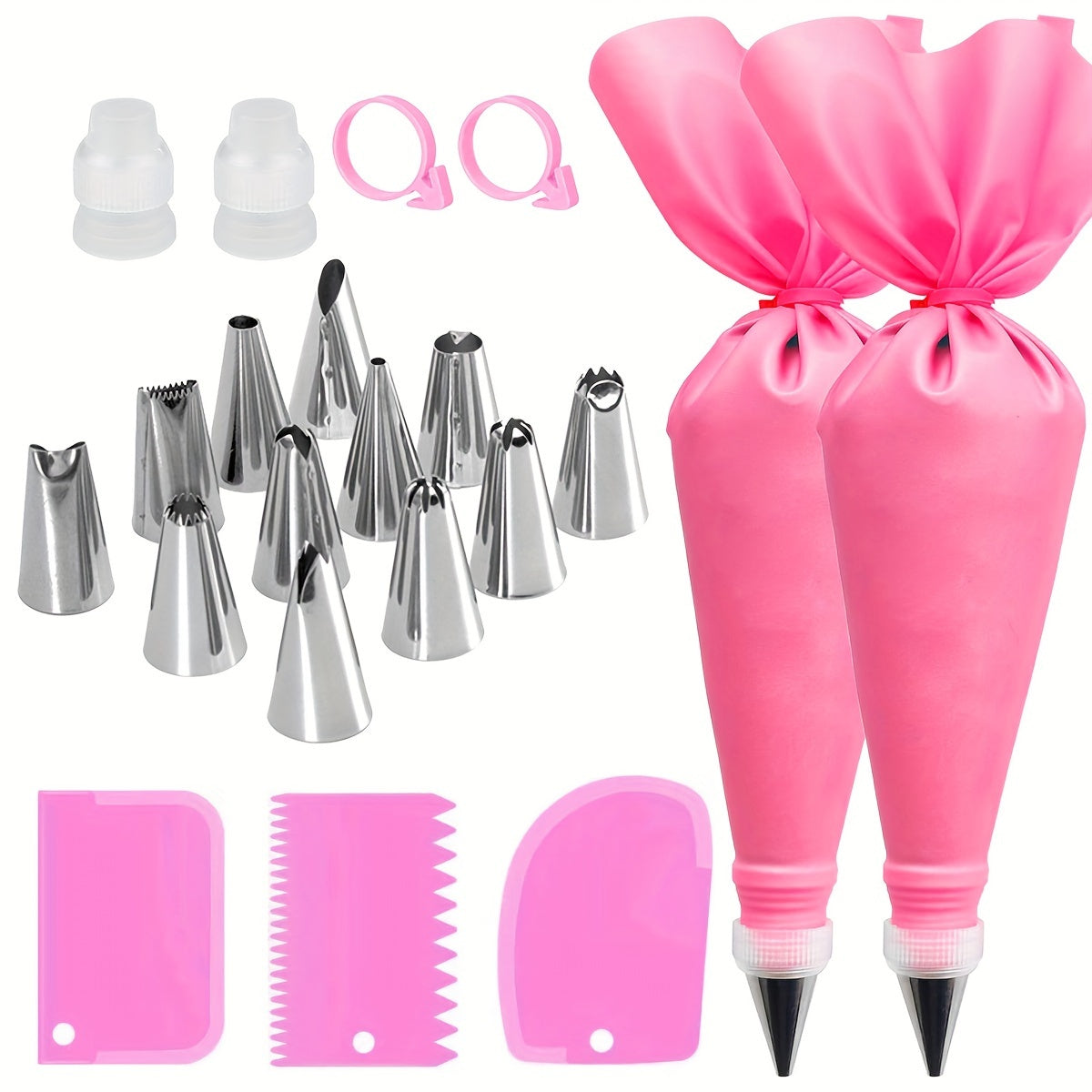 The cake decoration set includes baking tools, molds, piping bags, and tips, totaling 21 pieces.