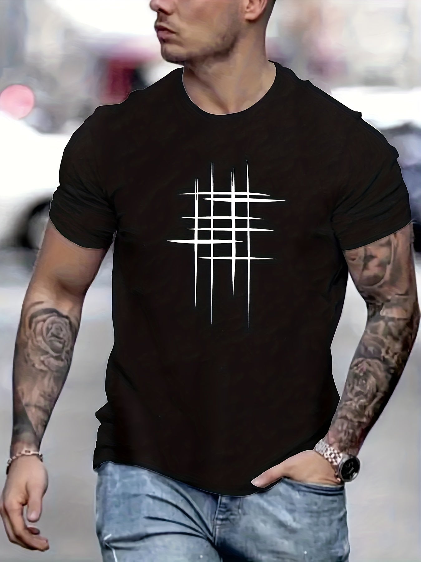 Men's casual short sleeve t-shirt with round neck and geometric black line design, made from soft polyester fabric. Perfect for summer casual attire.