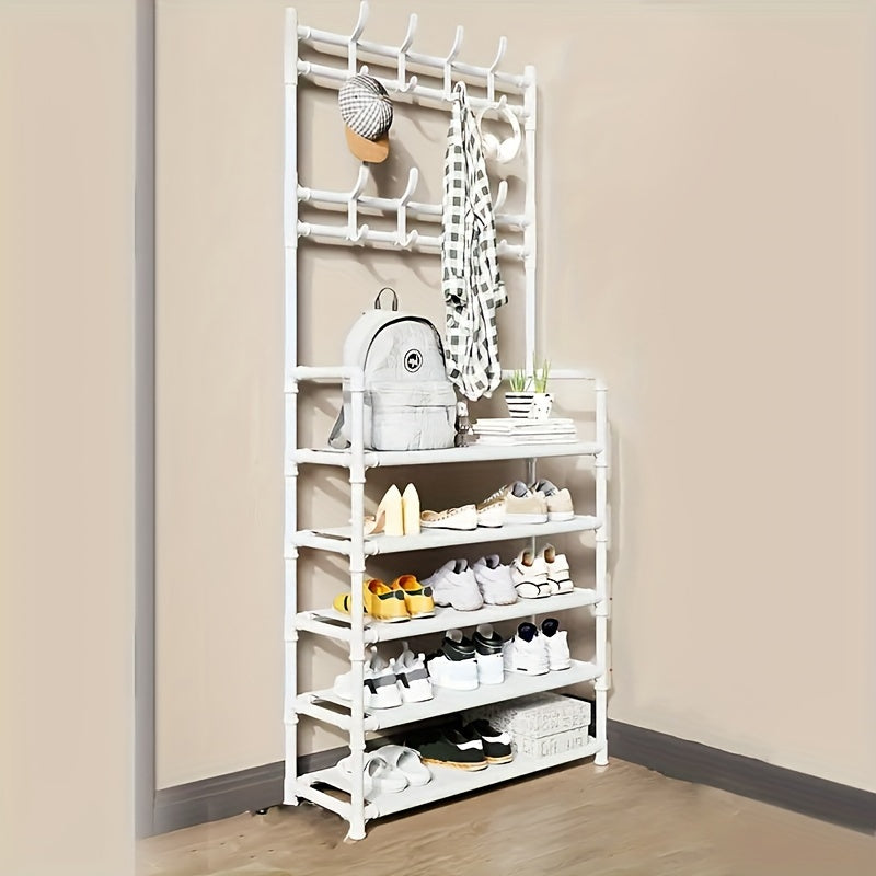 4-5 Tier Metal Shoe Rack with 8 Hooks - Stainless Steel, Multi-Functional Organizer for Home, Dorm, and Rental Spaces