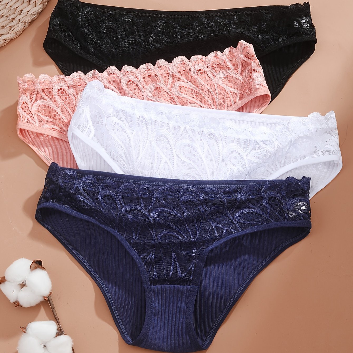 4 lace ribbed briefs, comfortable and breathable, perfect for women's lingerie and underwear.