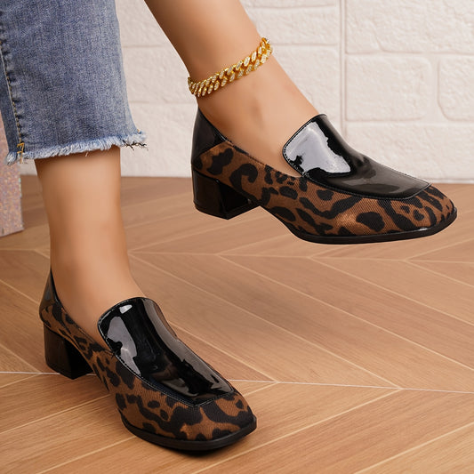 Stylish square toe loafers for women with chunky heel, versatile design, faux and fabric upper, synthetic lining, and TPU sole.