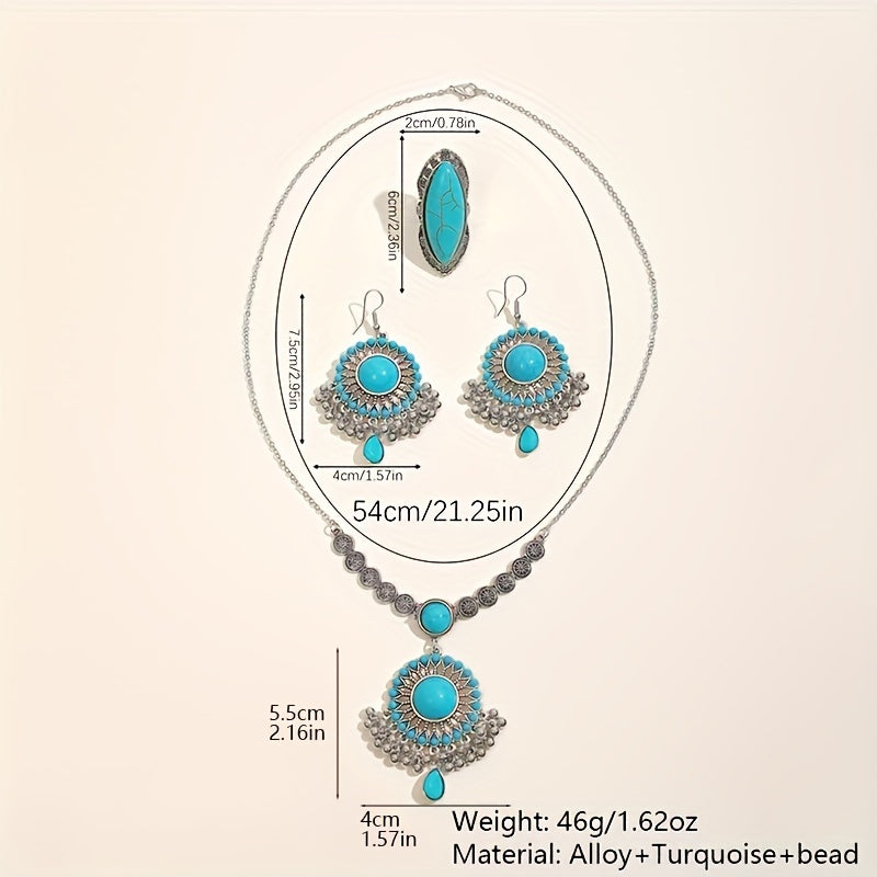 1 Boho style jewelry set featuring a pair of earrings, a necklace, and a ring. Inlaid with natural turquoise, this set is the perfect gift to complement any daily outfit.