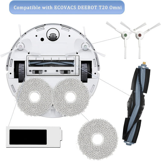 Accessory kit for ECOVACS Deebot T20 Omni/PRO/MAX & T20 PRO/MAX Plus includes 13 pieces: Main Brush, 4 Side Brushes, 4 Mop Cloths, 2 Dust Bags, 2 Filters, and Plastic Floor Attachment Set for Robotic Vacuum Cleaner.