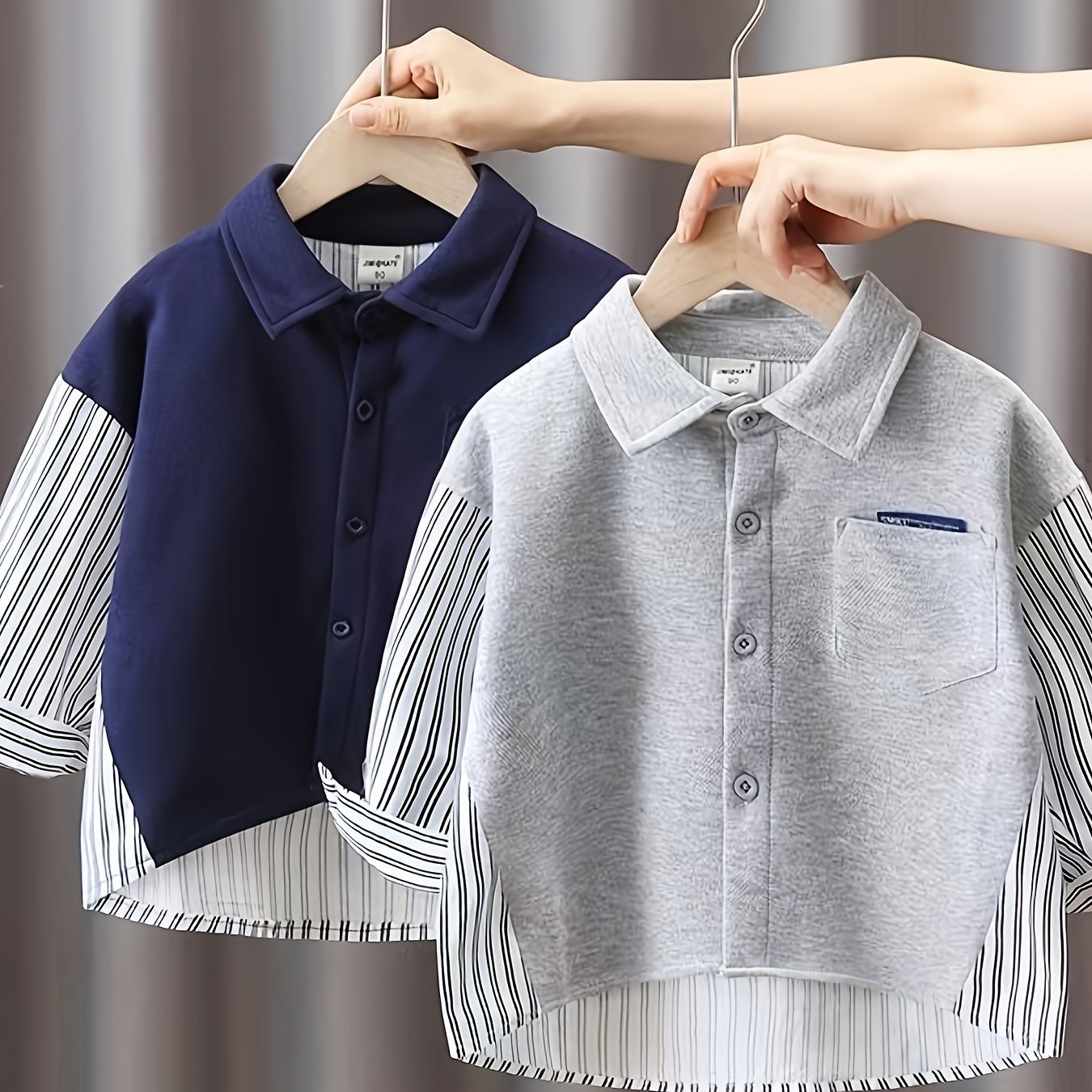 2-Pack of boys' cotton striped long sleeve shirts with collared button-up style, pockets, and loose fit for spring/autumn.