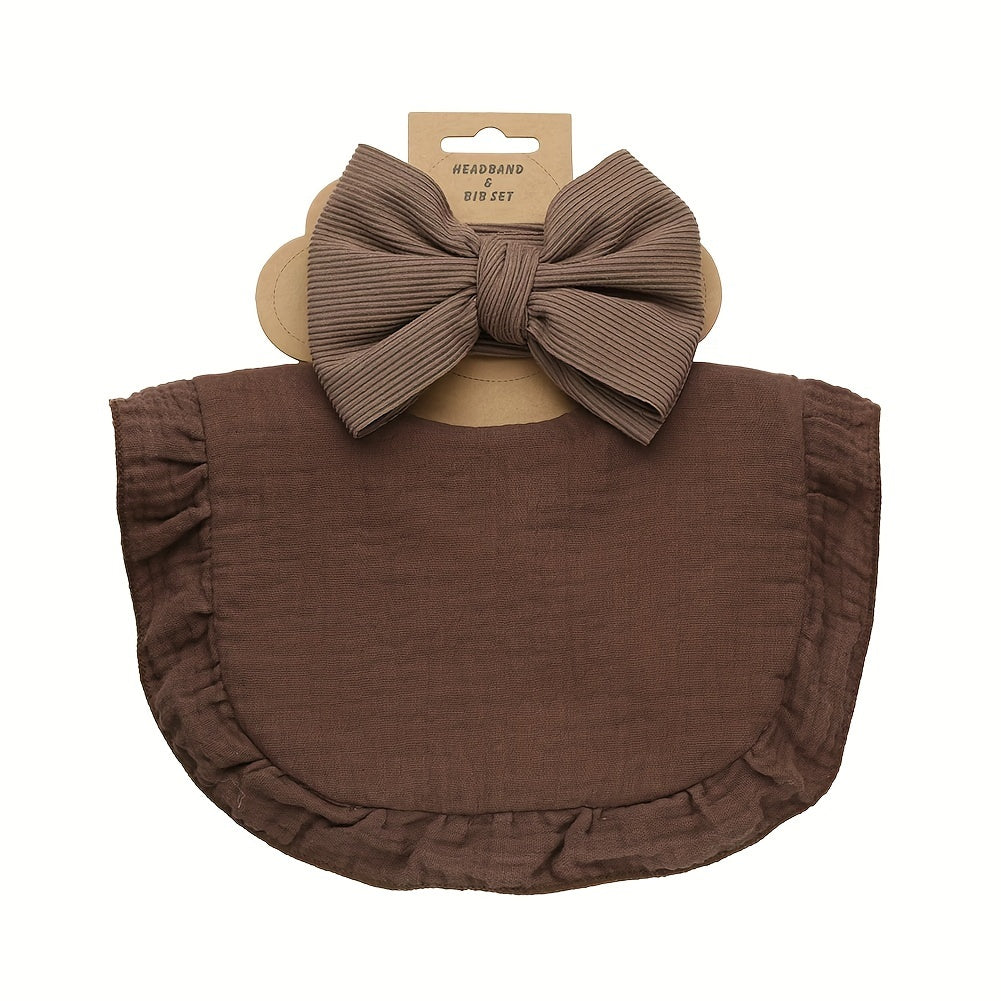 Set of 2 includes a lotus leaf bib and an elastic bow headband. The set also includes a plain color soft bib with snap button closure.