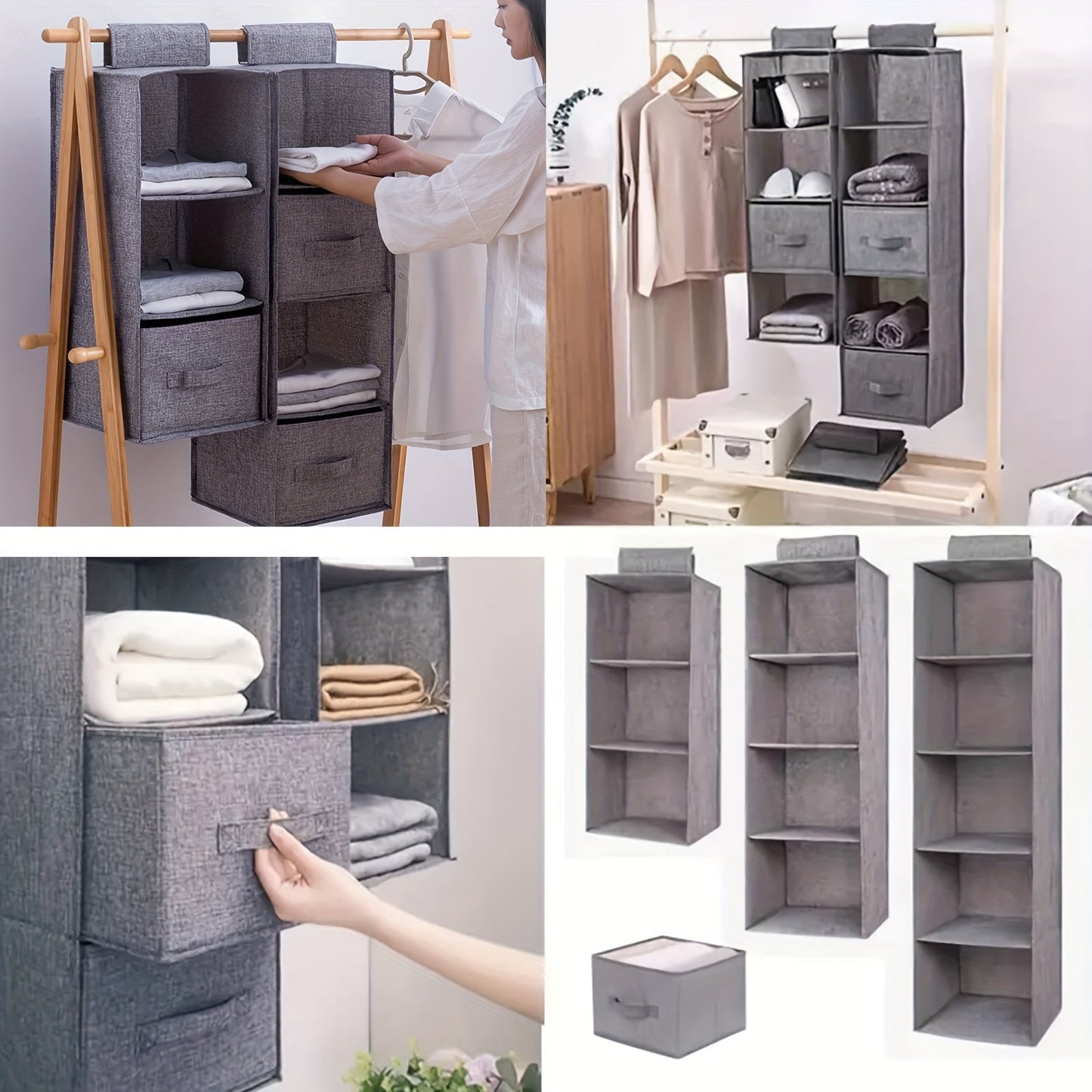 This durable gray storage solution is a 4-tier foldable hanging clothes organizer with sturdy handles. It is ideal for wardrobes and bedrooms, perfect for storing clothing, blankets, and quilts. The space-saving design makes it a convenient addition to