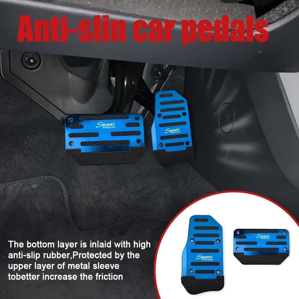 Car pedal pad set includes 2 pieces for automatic transmission with non-slip alloy covers for brake, gas, and clutch pedals. Great for cars, SUVs, and ATVs.