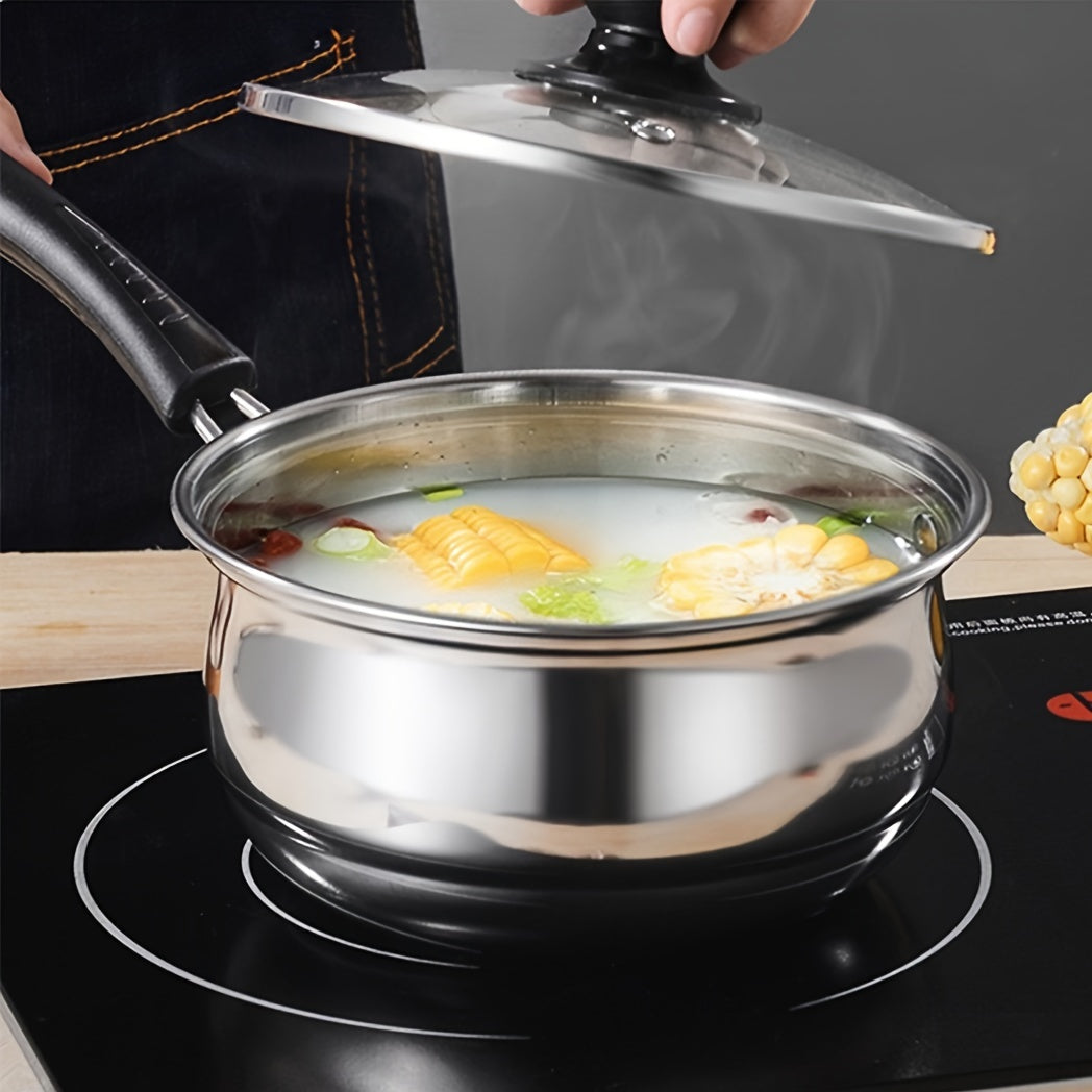 Three-piece set of durable stainless steel cookware, including a thickened soup pot, milk pot, and fryer. This versatile set is perfect for frying, stewing, and cooking, whether in a household kitchen or professional restaurant setting. Can be used on