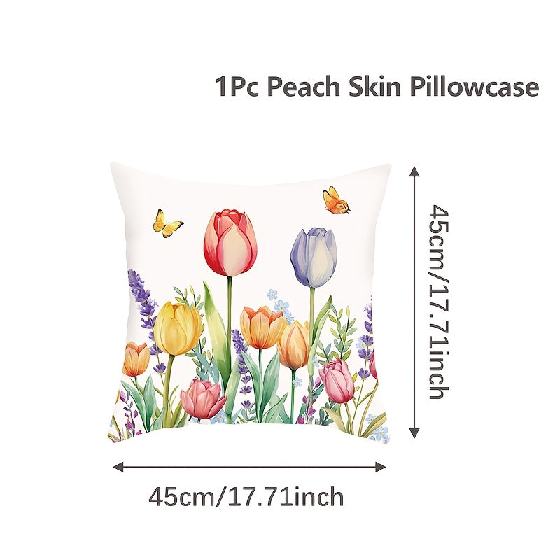 Modern Floral and Butterfly Print Decorative Pillow Cover, Made of Polyester, Easy to Clean in the Washing Machine, Features a Zipper Closure, Ideal for Adding a Touch of Spring to Your Living Room Decor or Party Setting.