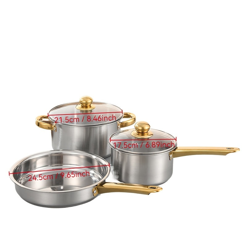 This cookware set includes 4/6 durable stainless steel pieces with golden handles. The versatile collection features pots and pans, including a stock pot and milk pot. Compatible with a variety of stovetops.