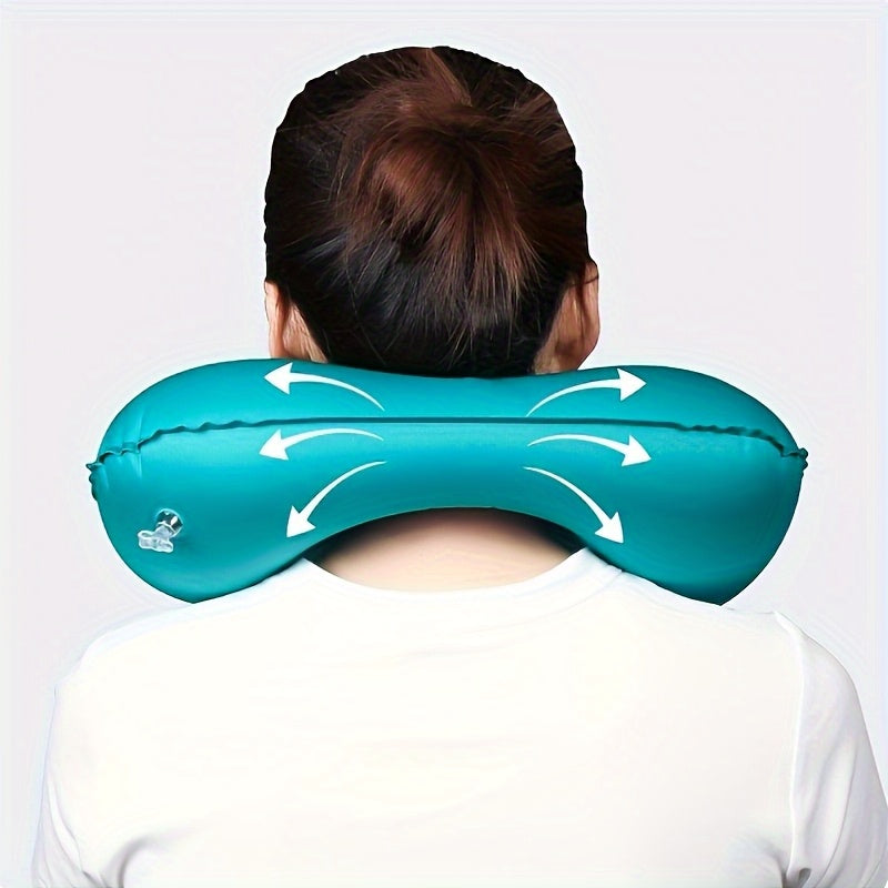 Modern style portable inflatable U-shaped neck pillow that provides automatic cervical support. It is lightweight with a velvet cover and adjustable closure, perfect for use at home, in the office, or in the car. This pillow must be hand washed for