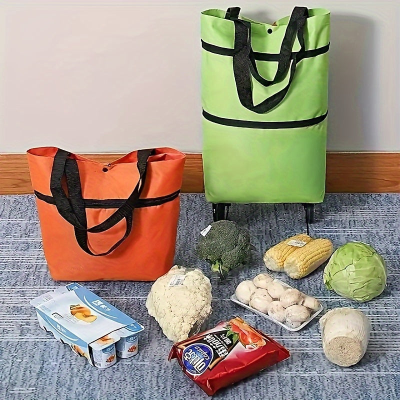 Reusable shopping bag with wheels, large capacity, foldable, multifunctional for storage and shopping.