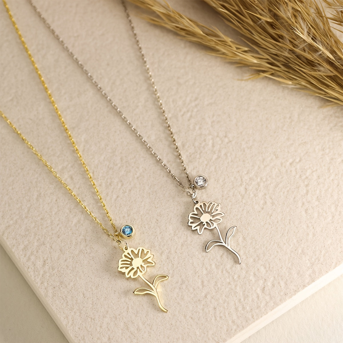 Customize your own Birth Flower Pendant Necklace for Women, crafted with 18K Gold Plated Stainless Steel. Add a Birthstone to create a unique piece. Its elegant and simple style makes it the perfect gift for any occasion, whether it be daily wear or