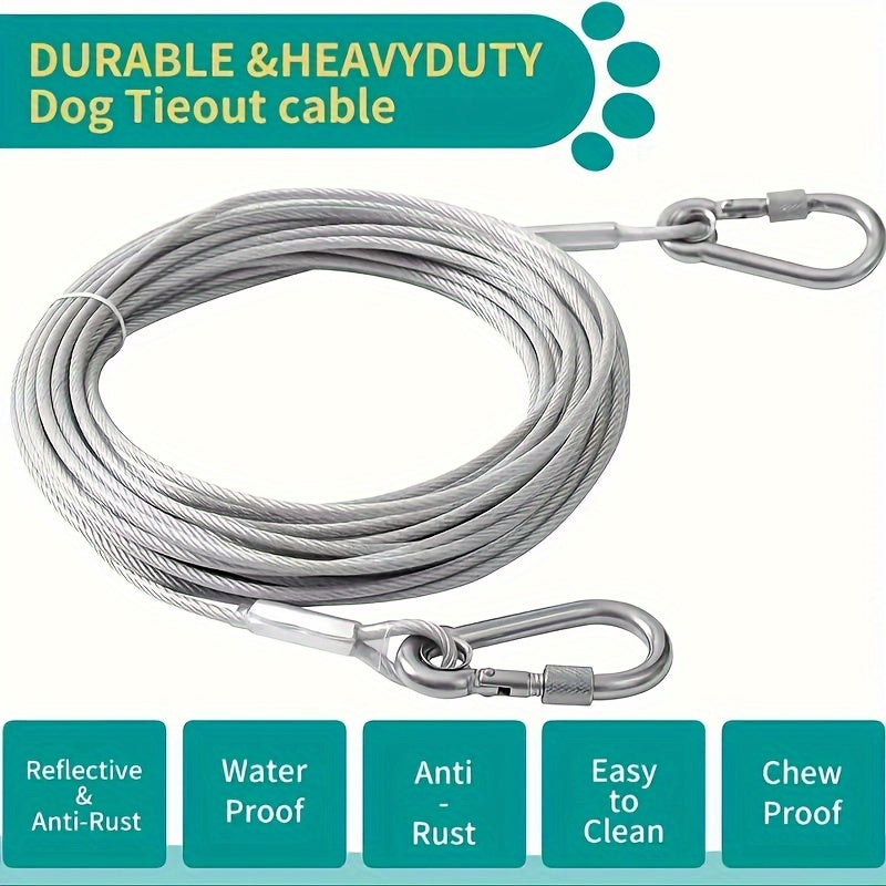 4.57m heavy-duty reflective tieout cable for large dogs up to 113.4kg, with rustproof clip. Chew and water-proof, easy to clean PVC coated steel wire. Ideal for yard use.