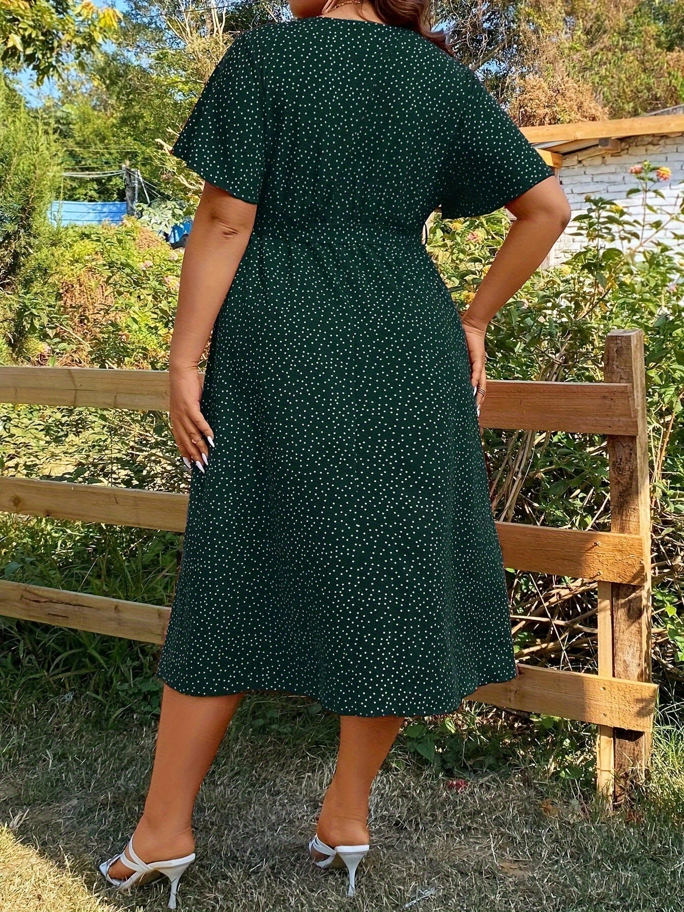 Plus size pin dot print belted dress for spring & summer in women's plus size.