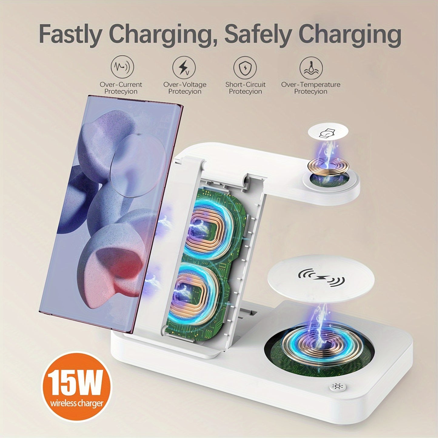 4-in-1 fast wireless charger compatible with Samsung devices and multiple android phones, includes LED night lights.