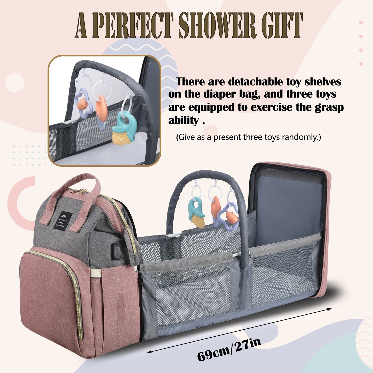 A versatile diaper backpack featuring a built-in changing station and plenty of storage pockets. Made from soft polyester material, this portable travel baby bag organizer is a must-have for any new parent. With its large capacity and utility pockets