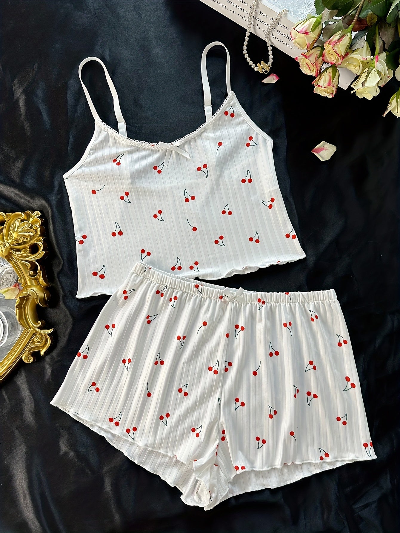 Cami top and shorts set with cherry print, perfect for sleep and lounge wear.