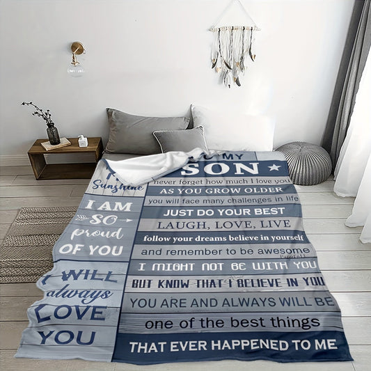 Modern flannel fleece bed blanket with motivational quotes for your son - hypoallergenic, suitable for all seasons, digitally printed, easy to clean in the washing machine, versatile - perfect for queen size beds as a polyester knitted throw, great for