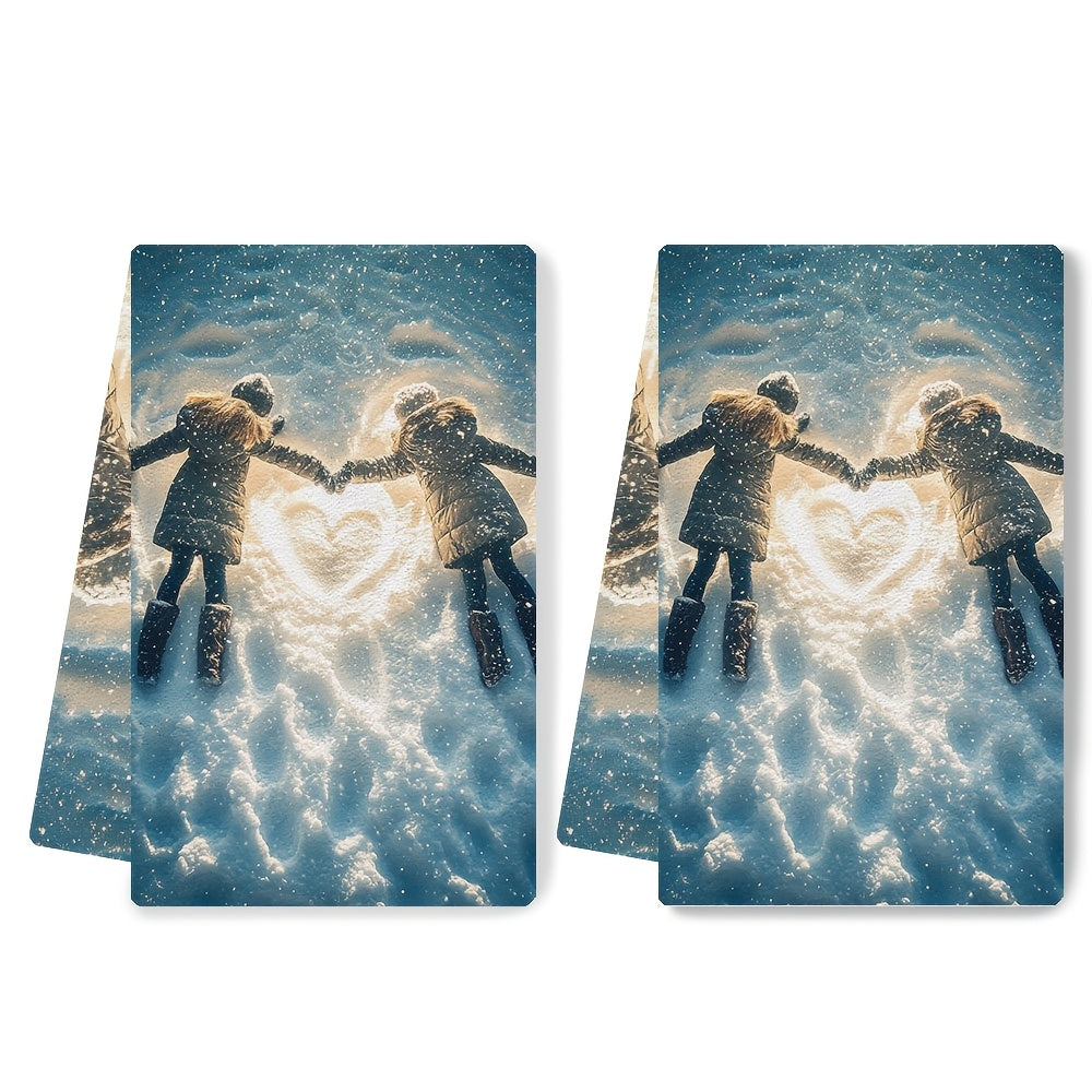 This set includes 2 ultra-soft kitchen towels, ideal for making snow angels on a snowy day. Each towel features a heart design in between. These highly absorbent dish and hand towels are perfect for holiday decorations and are machine washable. Each