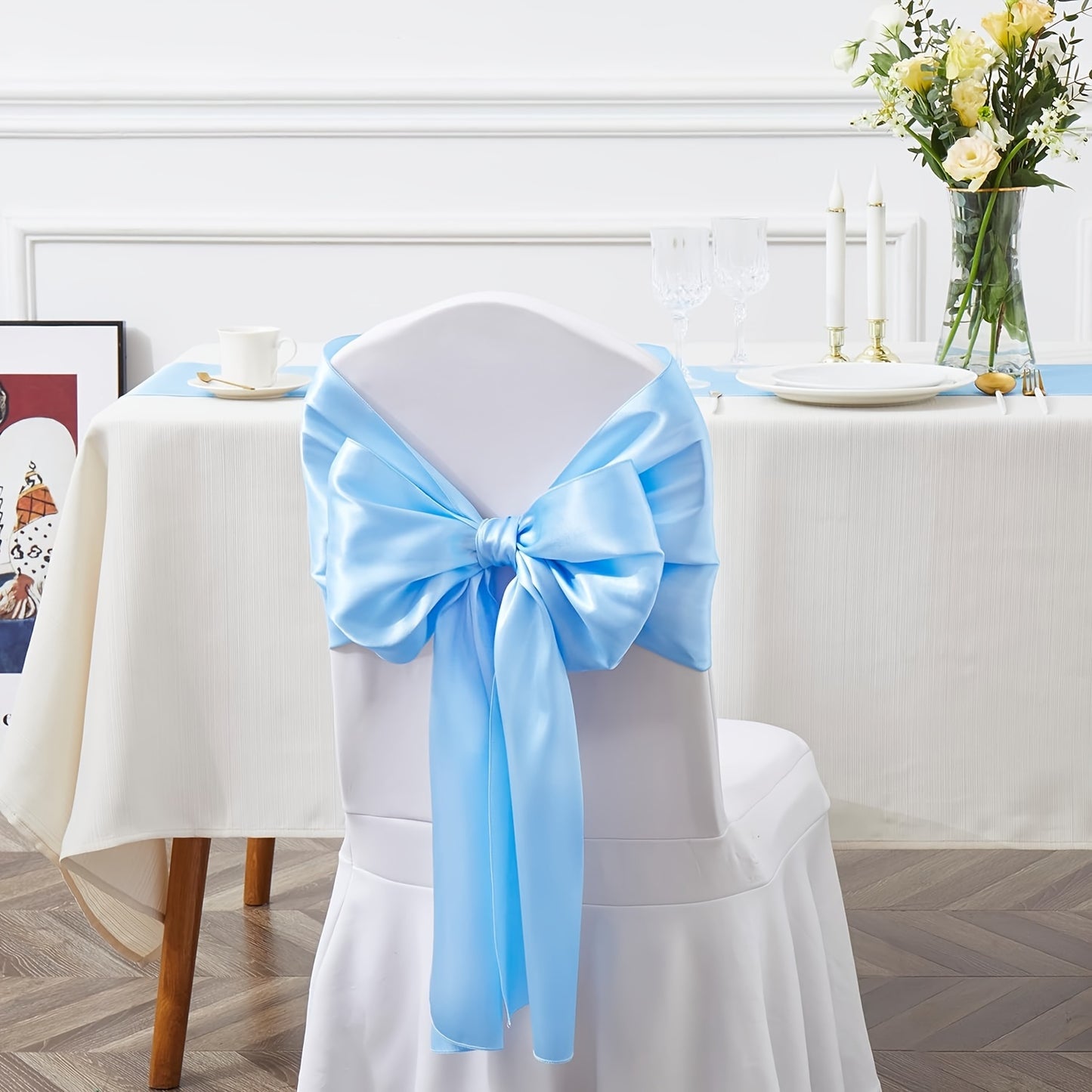 Elegant light blue satin table runner, 30.48 x 274.32 cm, ideal for weddings and formal events.