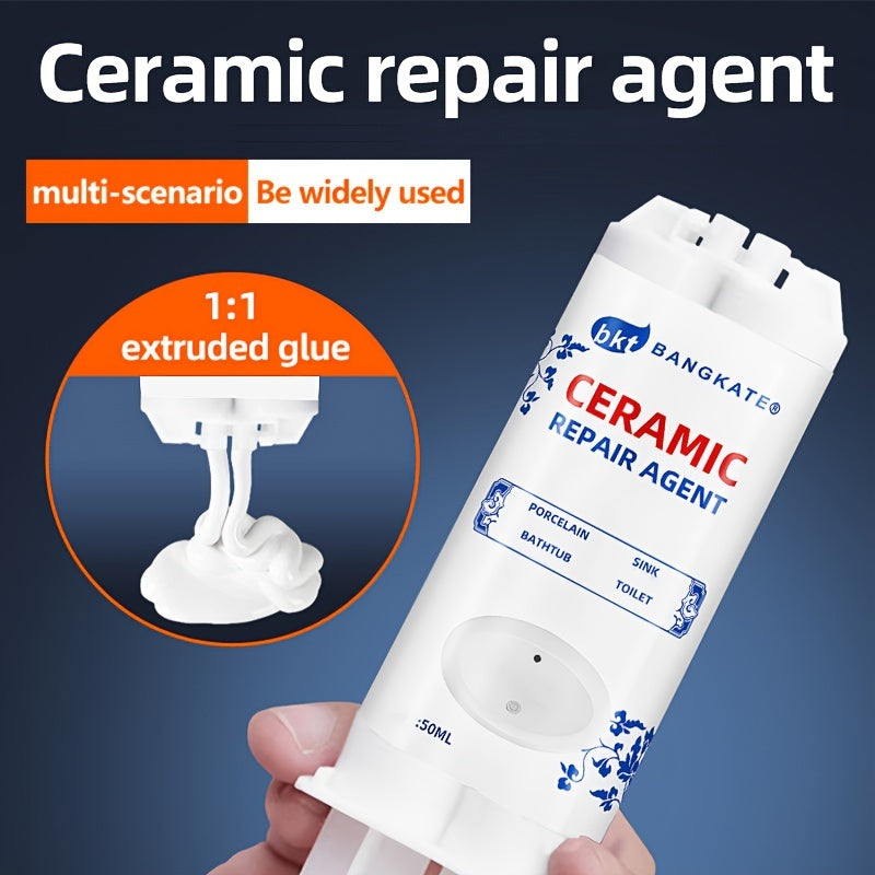 Waterproof ceramic adhesive for repairing tiles, bathtubs, sinks, and fixtures, resistant to mold.