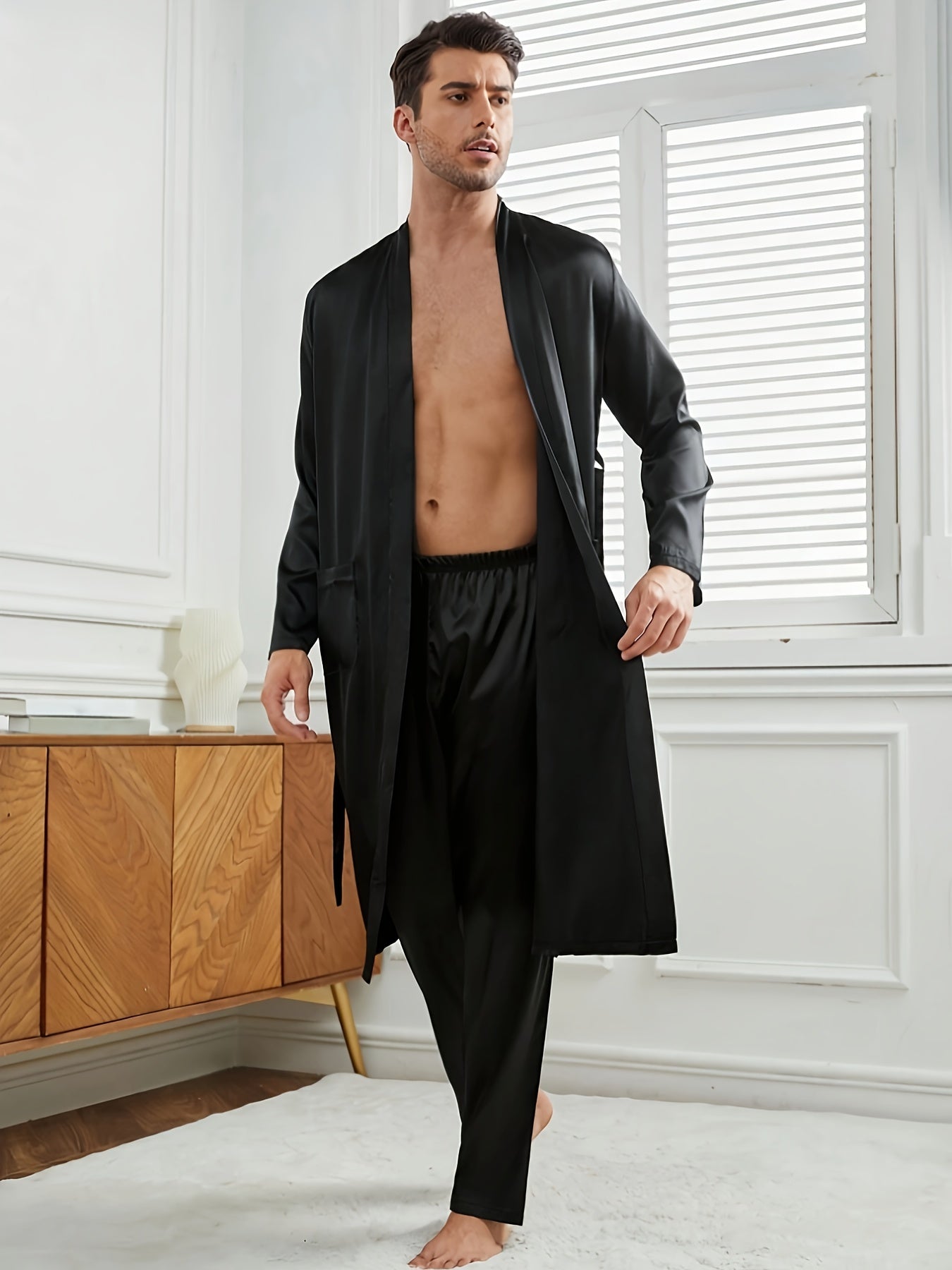 Solid color men's robe set with belt, V-neck, long sleeves, made of 95% polyester and 5% elastane. Features non-stretch woven fabric and pockets. Suitable for spring, summer, and fall.