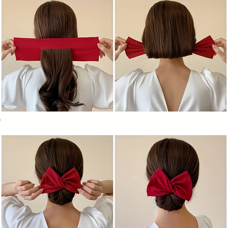 Bow shaped ponytail holder for creating lazy hair curls and buns, a fashionable women's hair accessory.