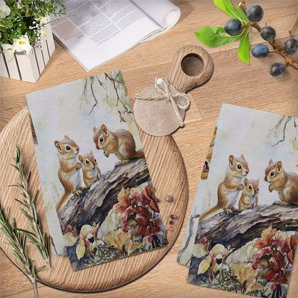 Two pieces of Coastal Style Chipmunk kitchen towels made from super absorbent polyester knit fabric. These towels are machine washable and have a contemporary oblong shape, perfect for holiday decor. Each towel measures 40.64x60.96 cm.