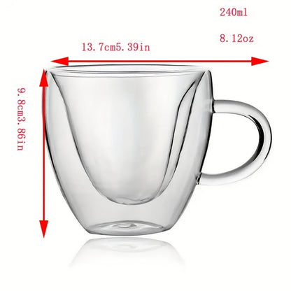 Heart-shaped glass mug, double-walled for insulation, ideal for various drinks. Perfect for special occasions. Reusable and recyclable.