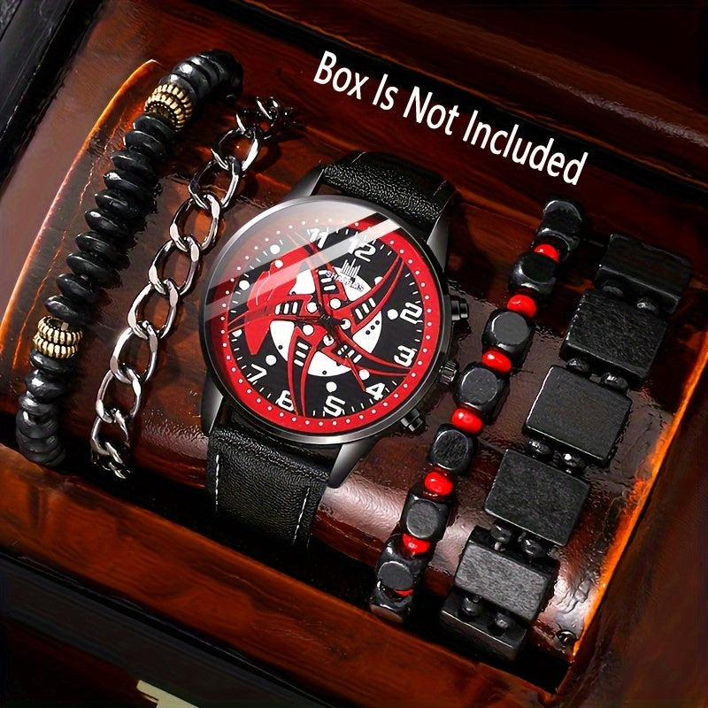 Set of 5, Men's Red Black Fashion Quartz PU Leather Watch and Bead Bracelet Set, Perfect Gift for Him.