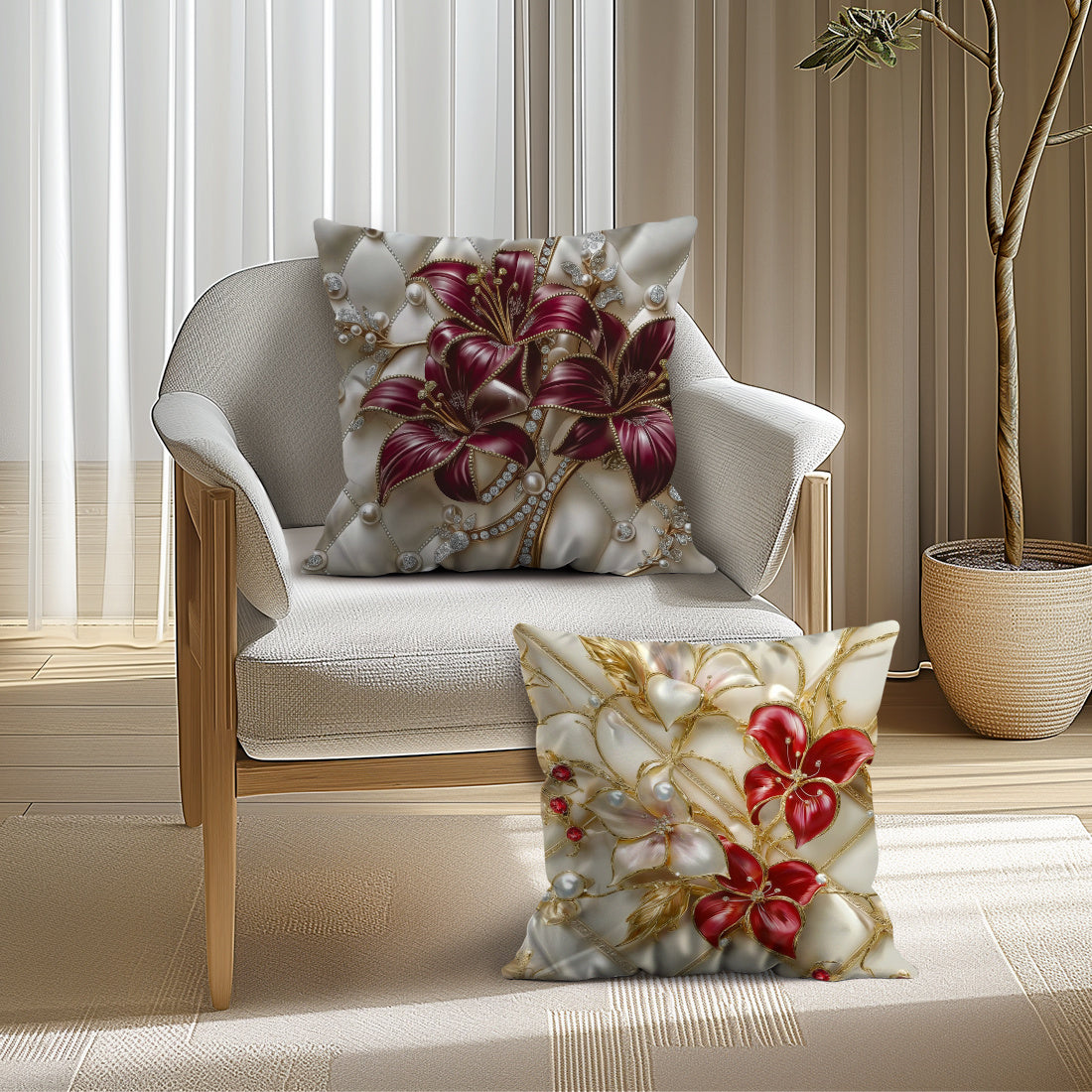 Single-side printed throw pillow cover with 3D floral pearl design, made of peach skin material, 45*45cm in size.