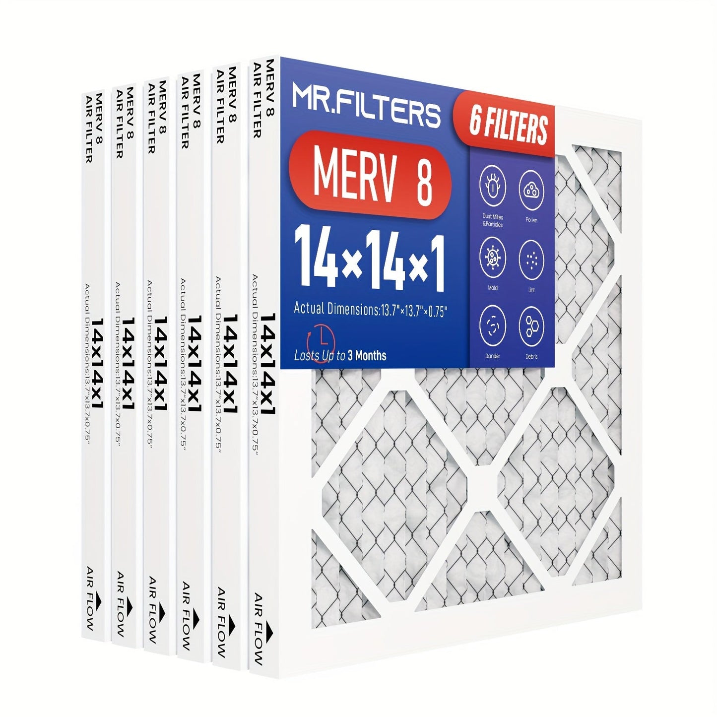 6-Pack of MR.FILTERS MERV 8 Air Filters for HVAC AC Furnace, 35.56x35.56x2.54 cm PET Material, Pleated Replacement Filters Compatible with Most Furnaces