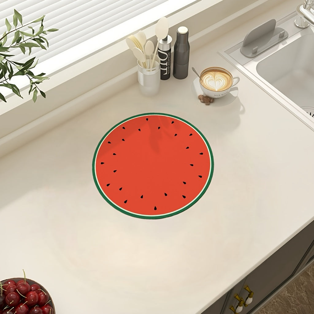 Round Dish Drying Mat with Watermelon Design - Highly Absorbent, Non-Slip Rubber Backing, Perfect for Kitchen and Bar Countertops