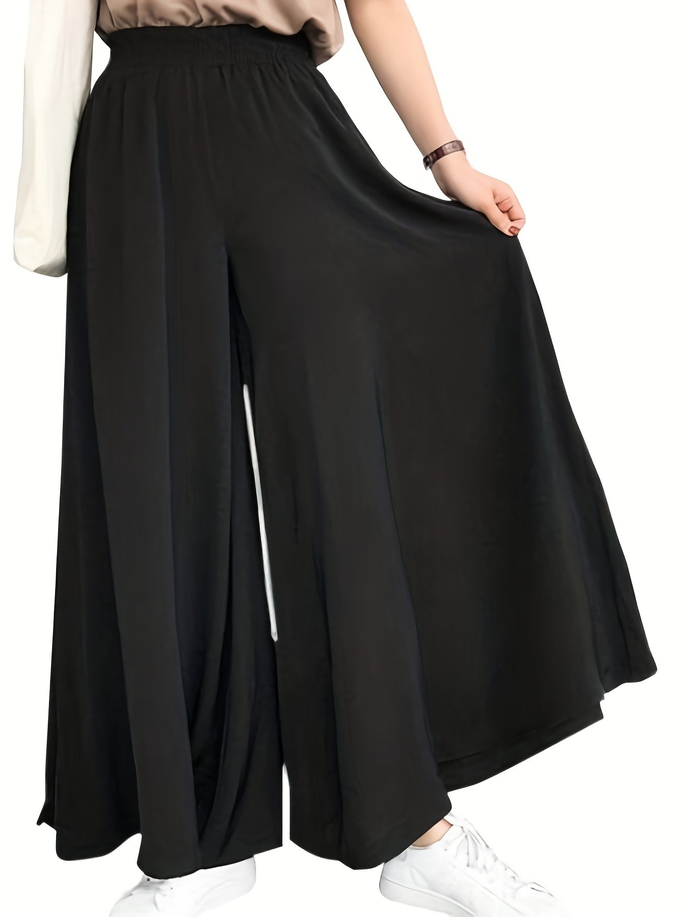 Women's Plus Size Casual Pants with Solid Color, Elastic High Rise, and Wide Leg Fit