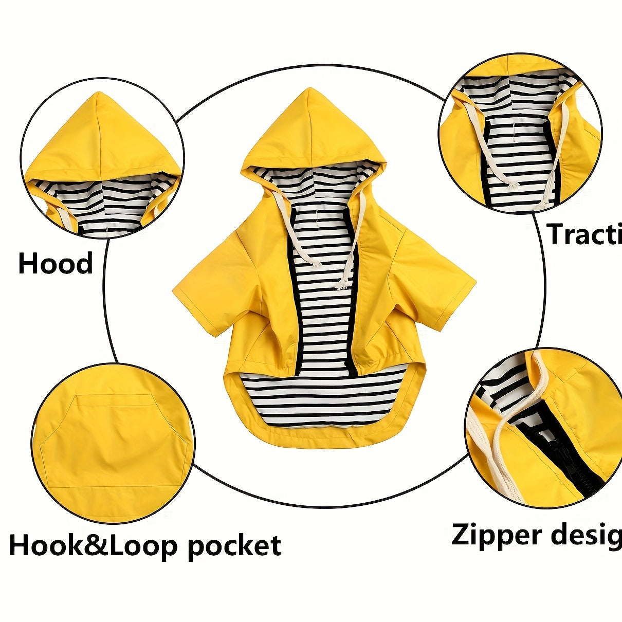 Yellow dog raincoat with reflective strip, buttons, zipper, adjustable drawstring, and detachable hood.