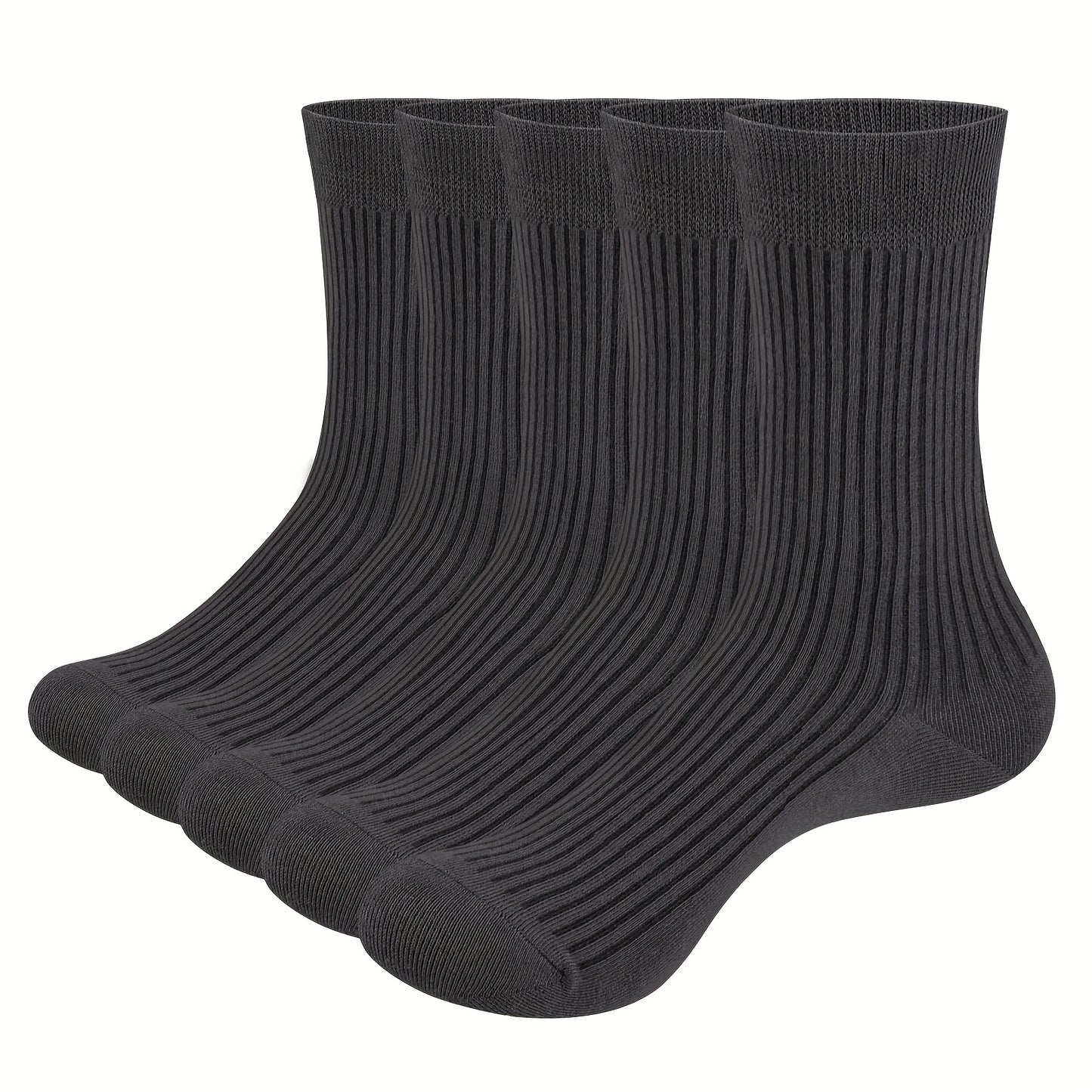 5 pairs of men's solid crew socks made of breathable bamboo fiber blend for comfortable and casual outdoor wear in all seasons.