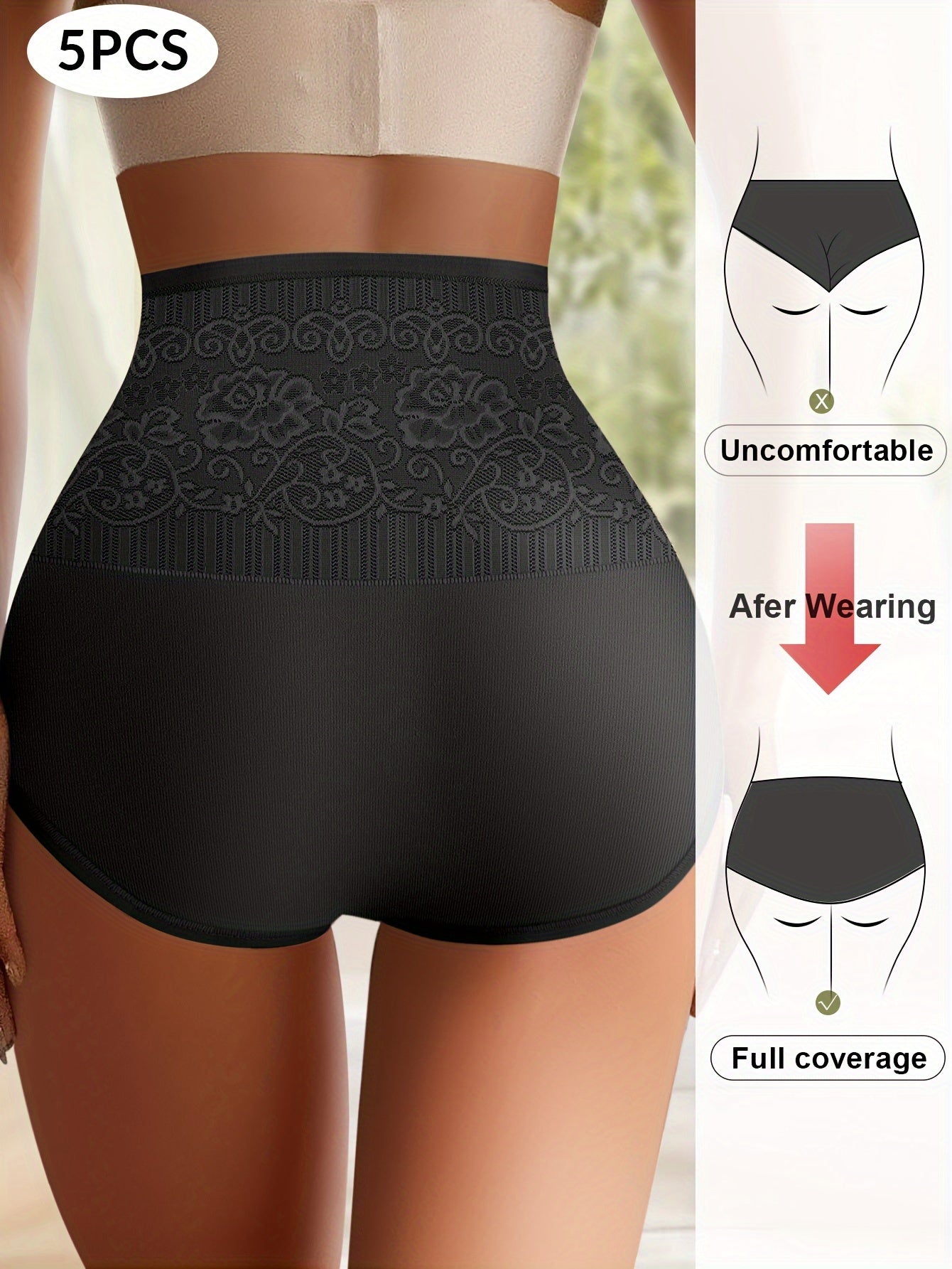 5 high waist women's panties for tummy control, with jacquard and hip lift features for comfort.