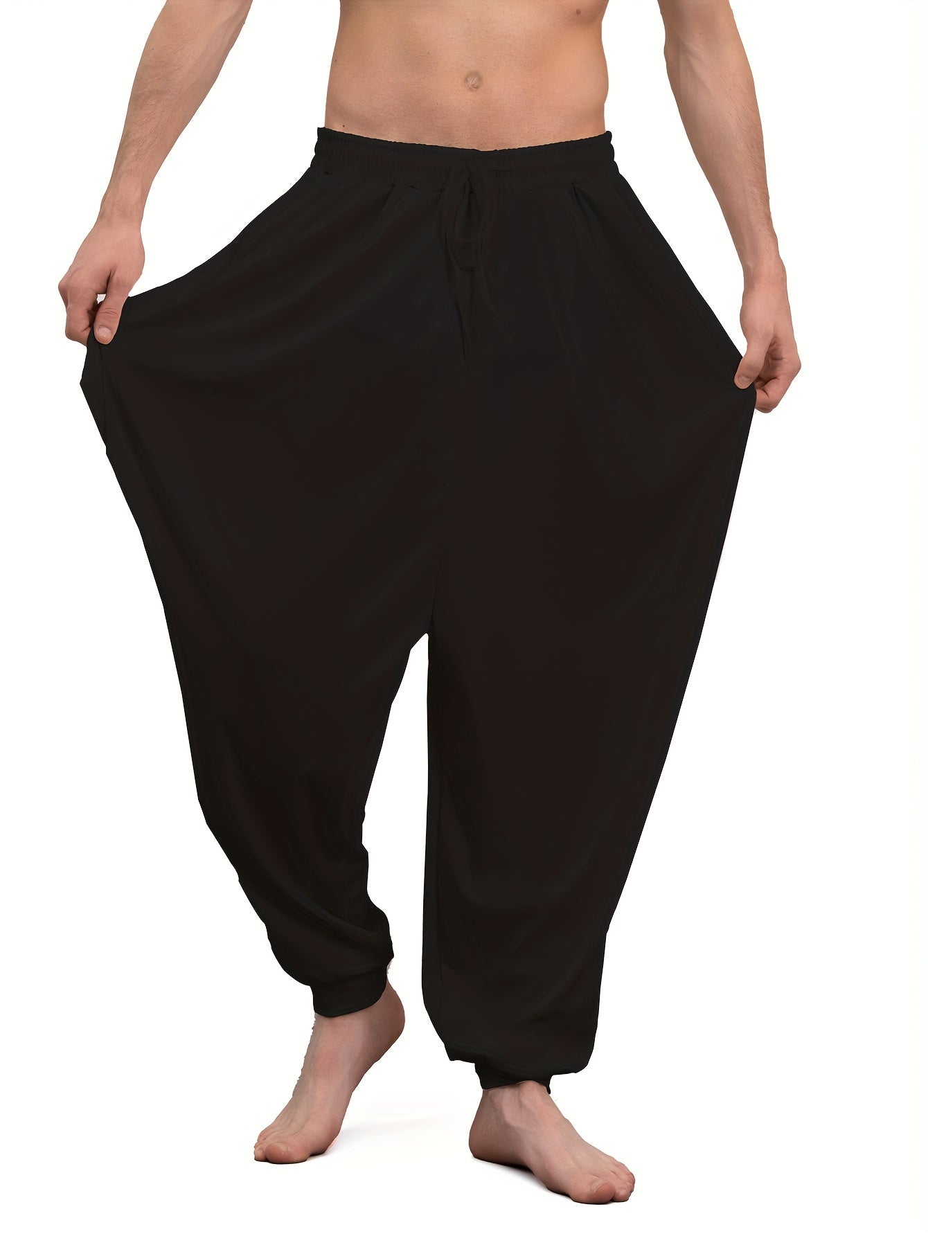 Adult harem pants in 100% polyester knit fabric, medium stretch, solid color, loose fit with drawstring, suitable for all-season weekend wear, available in plus size.