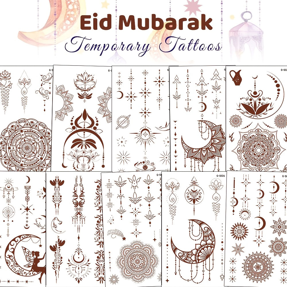 10 Eid Mubarak temporary tattoos featuring moon, stars, and mosque motifs for festive Eid Al-Adha celebrations. Ideal for face and body decoration.