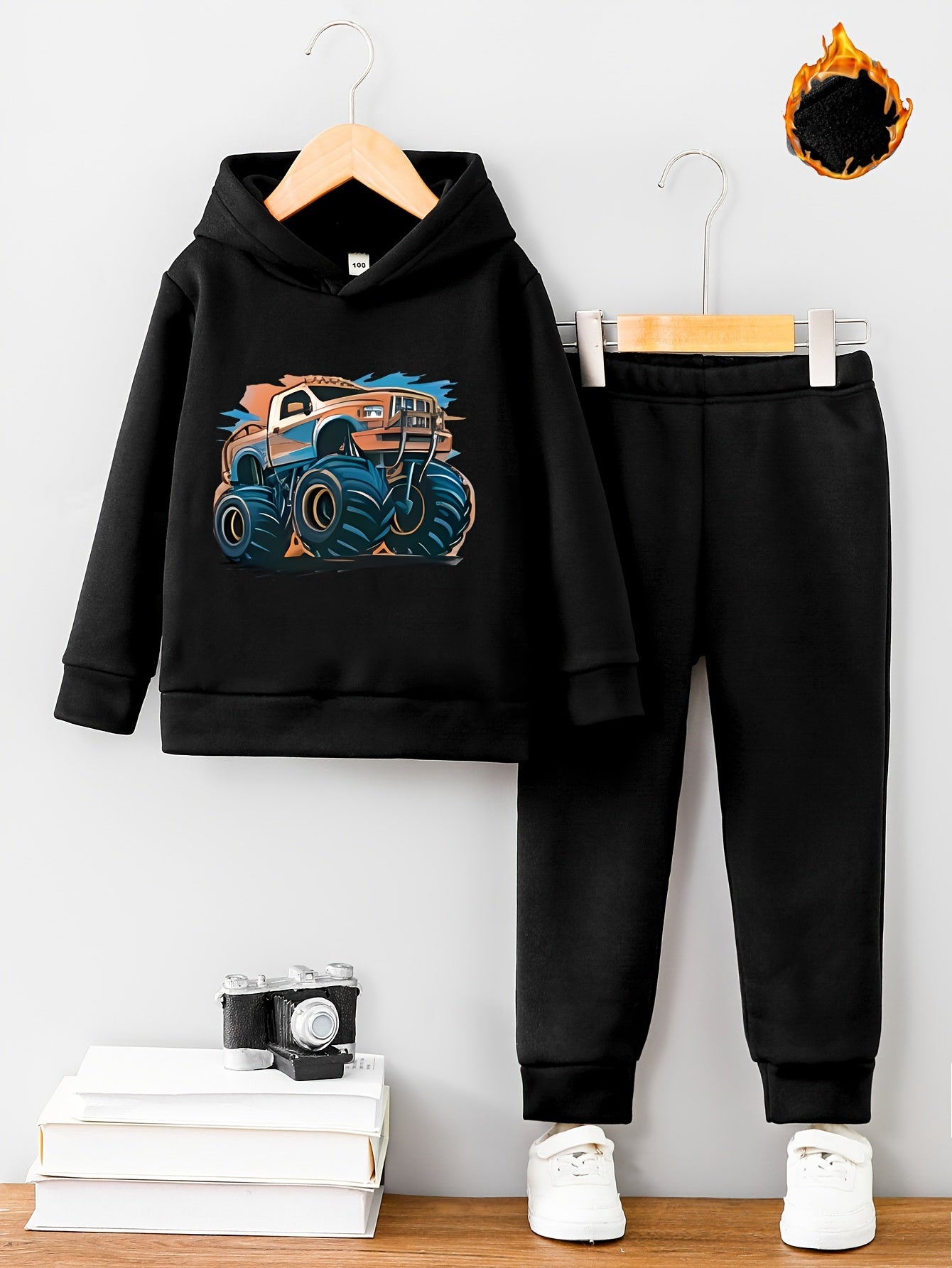 Boys' Cozy Fleece-Lined Hoodie & Jogger Set featuring a vibrant truck print - Ideal for outdoor activities in fall/winter.