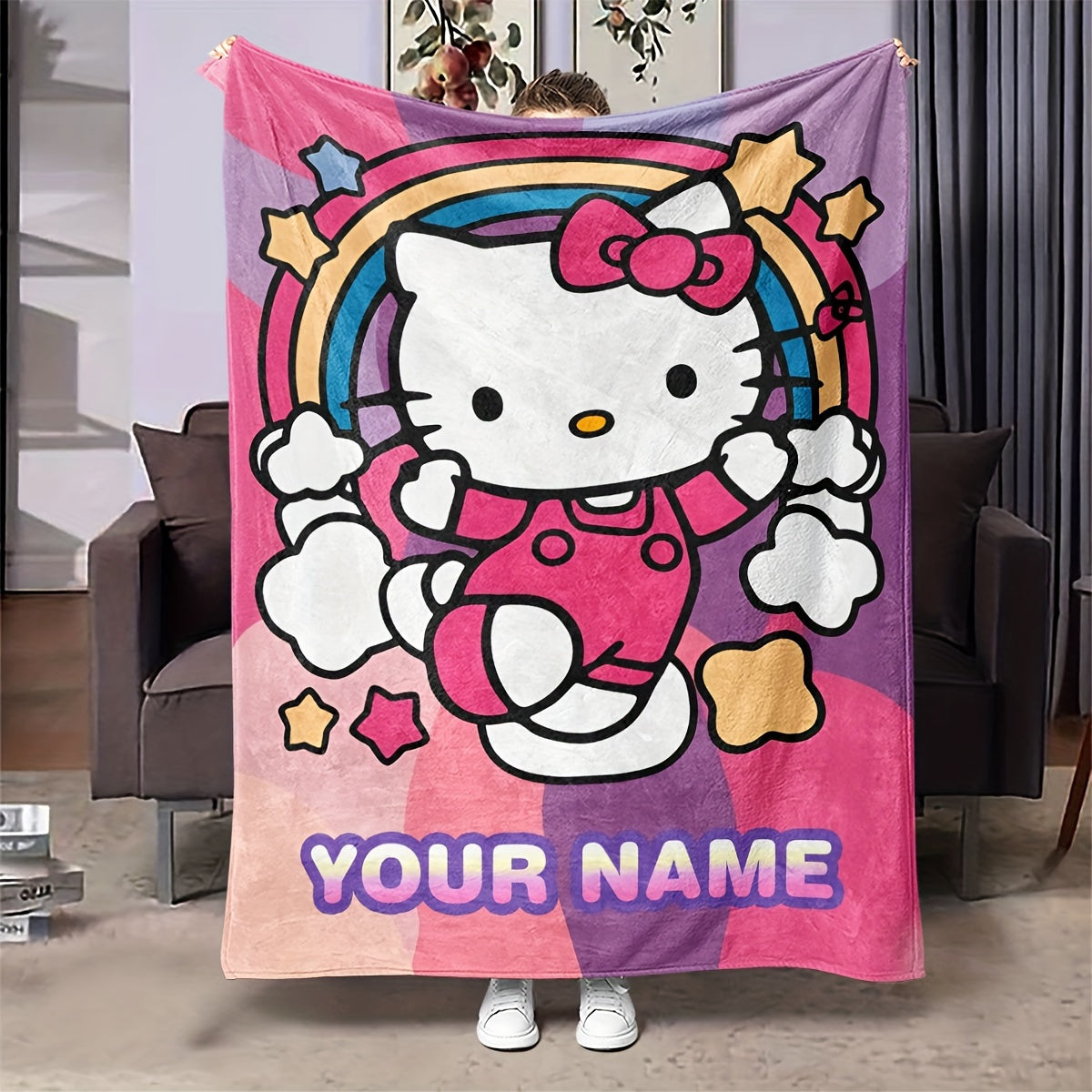 Personalized with a cute cartoon Hello Kitty design, this cozy flannel blanket is perfect for staying warm and comfortable. Use it as a decorative accent in any room or give it as a thoughtful gift that can be enjoyed all year round.