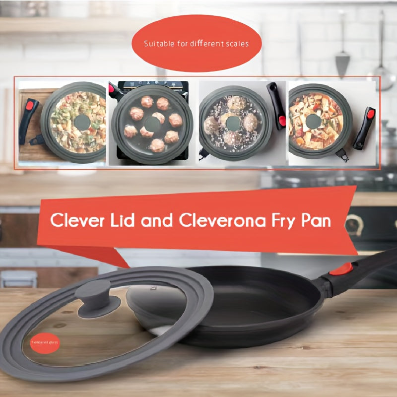 Universal pot cover designed to fit flat pans and frying pans, made of tempered glass with a silicone edge. Compatible with kitchen utensils ranging from 20 to 28 cm/ 7.8in to 11.02in in diameter. Can also be used as a replacement cover and is dishwasher