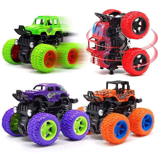 Set of 4 Monster Trucks for Kids 3+ | Friction-Powered, Double-Direction Inertia with 360° Rotation | Durable Pull Back Vehicles - Ideal Birthday Present