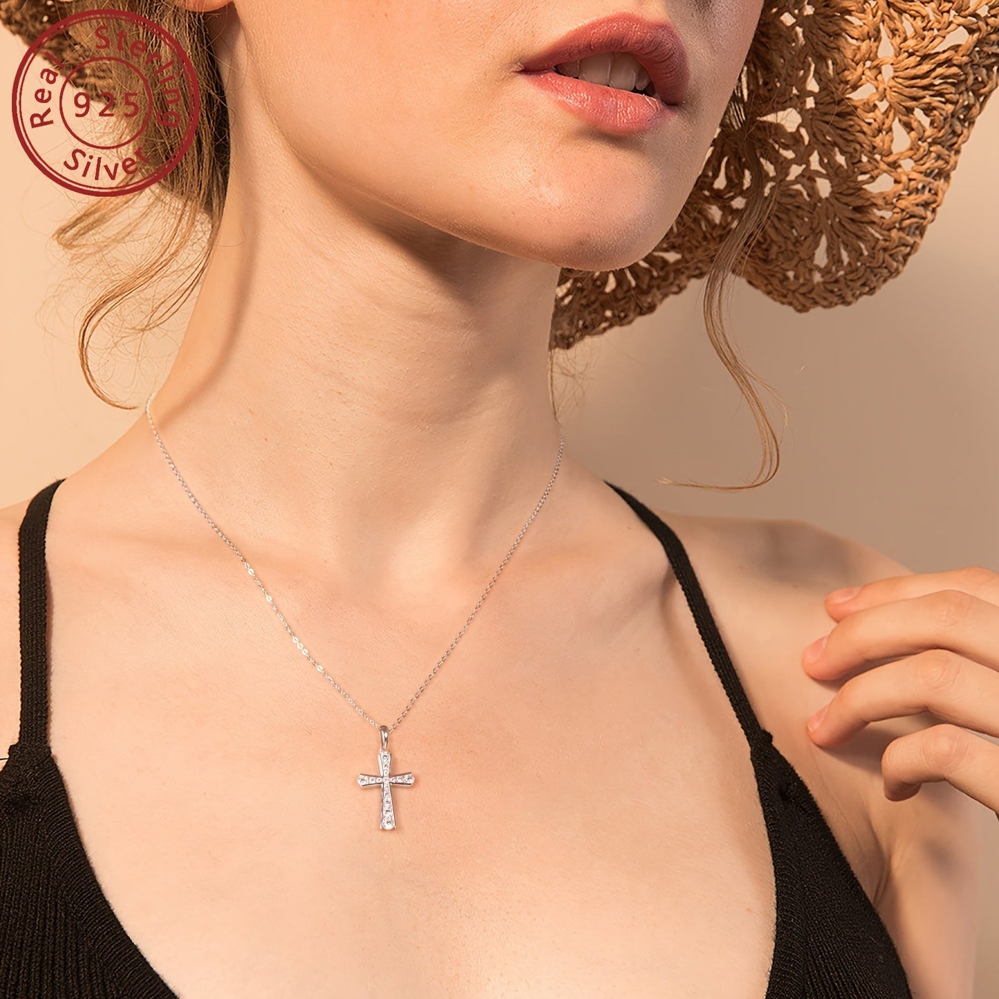 Elegant Sterling Silver Cross Pendant Necklace adorned with Synthetic zirconia Stones - Ideal for Daily Wear and Holiday Celebrations