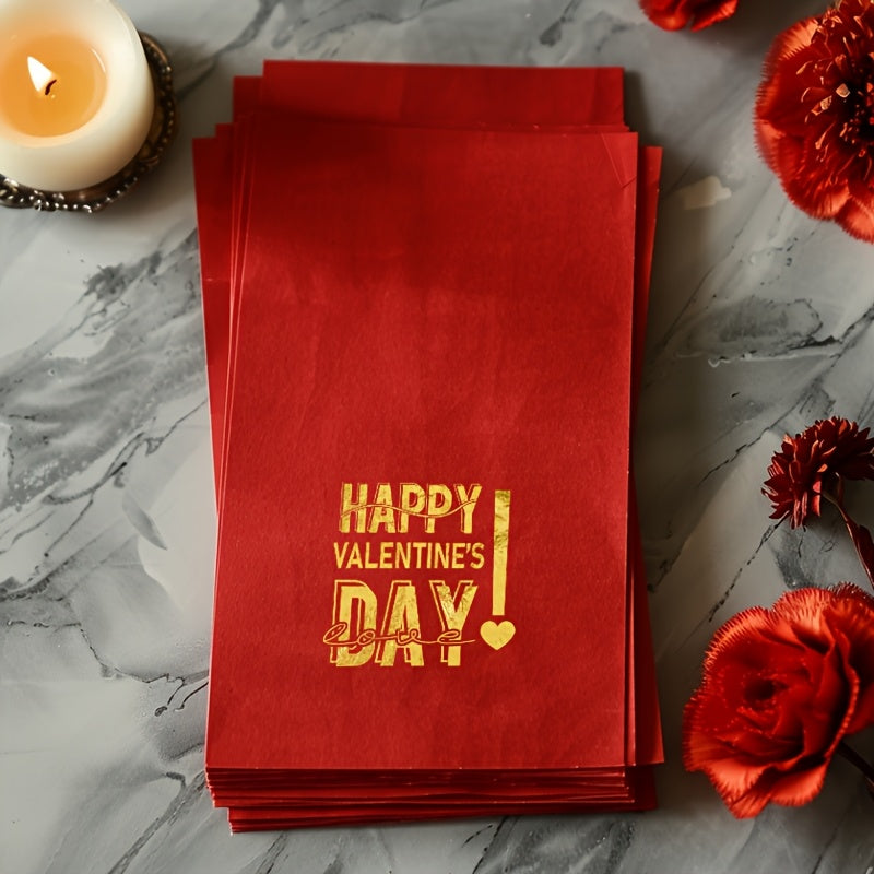 Pack of 20 Valentine's Day Paper Napkins with Golden Foil Stamped Design, Folded in Trifold Style for Wedding and Anniversary Celebrations