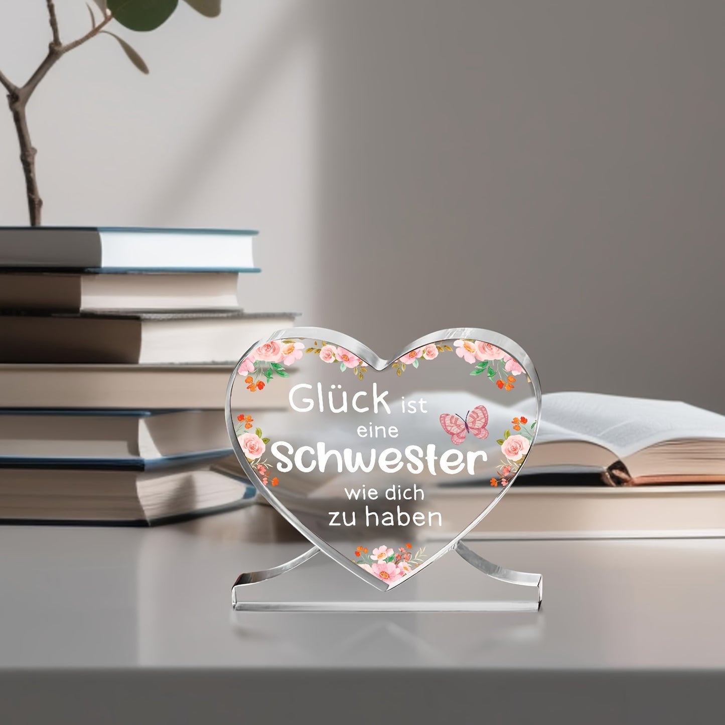 Heart shaped acrylic plaque decoration, personalized German gift for sister, suitable for office or bedroom, ideal for Thanksgiving, Christmas, or birthday.