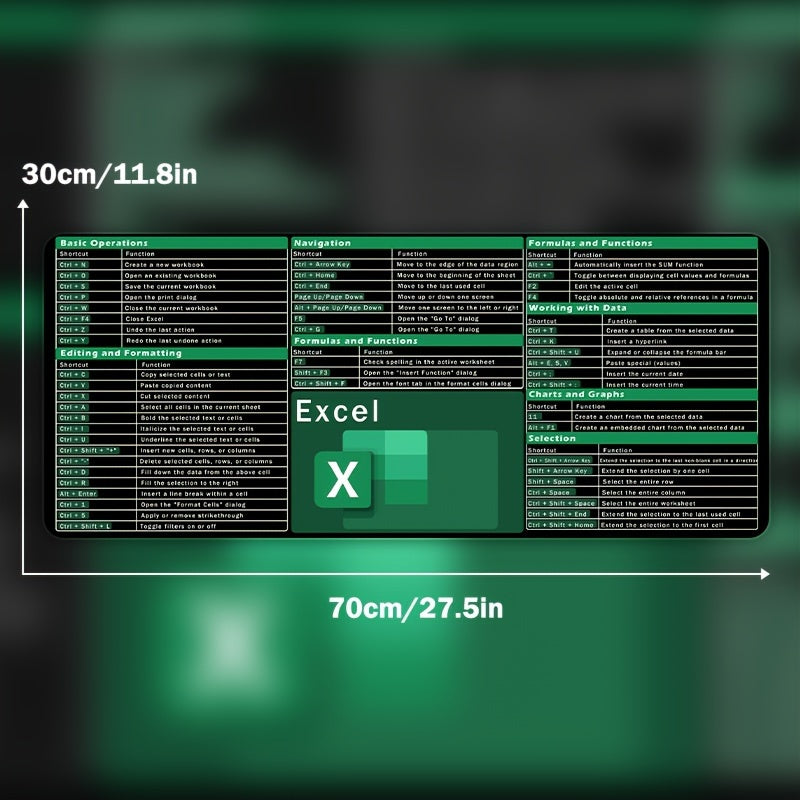 Excel Keyboard Shortcuts Mouse Pad with Large Rubber Base, Water-Resistant Fabric Surface for Gaming and Office Precision Control.