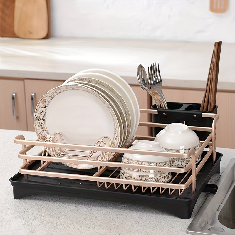 Durable Aluminum Dish Drying Rack with Cutlery Holder, Drip Tray, and Kitchen Storage Organizer - Ideal for Plates, Utensils, and Gadget Set for all Occasions - Non-Electric and Versatile Solution for Holiday Cooking