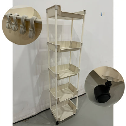 5-Tier durable plastic organizer rack with hanging hooks, ideal for kitchen and office storage.